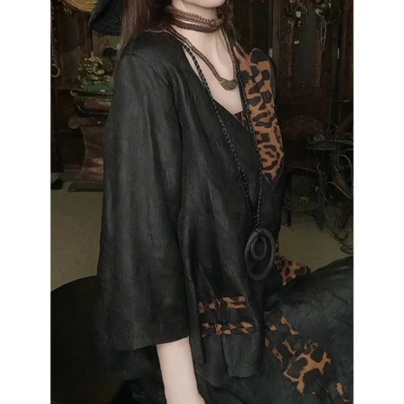 2022 Spring Summer New Women's Suits Fashion Leopard Print Stitching V-Neck Shirt Top Loose Chic Vintage Skirt Two-Piece Female