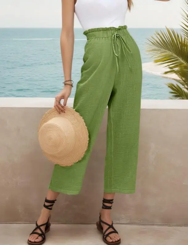 Calças Elegantes Casuais de Verão para Mulheres, Cintura Alta, Cor Sólida, Com Cintura Elástica, Largas e Soltas