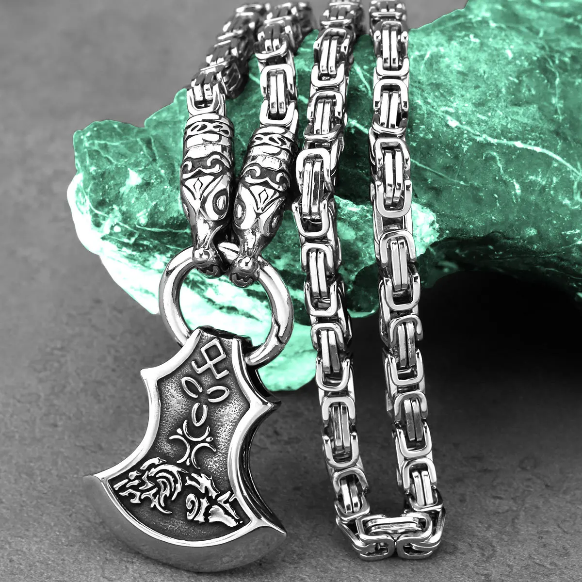 Viking Wolf Ax Stainless Steel Pendant Rune Dragon Head Chain Necklace for men  Fashion Trend Daily Accessories Jewelry Gift