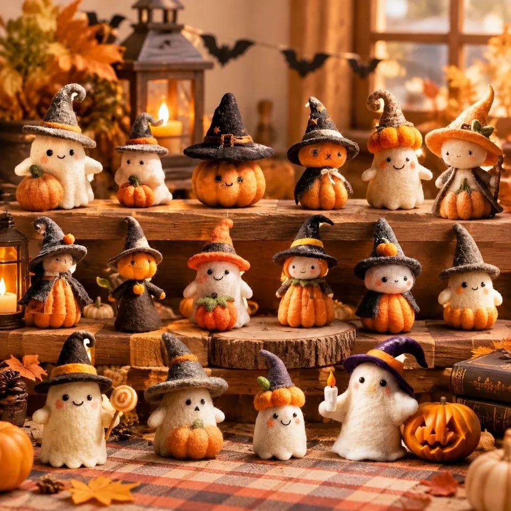 Desk Ornaments Witch Halloween Ornaments Cute Pumpkin Figurine Handmade Funny Wool Felt Ghost Statue Gift
