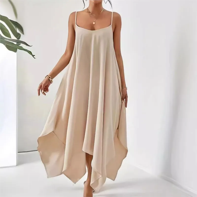 

Sexy Spaghetti Strape Pleated Dress 2025 Summer Trendy Sleeveless Irregular Hem Beige/black Long Dresses For Women Backless Robe