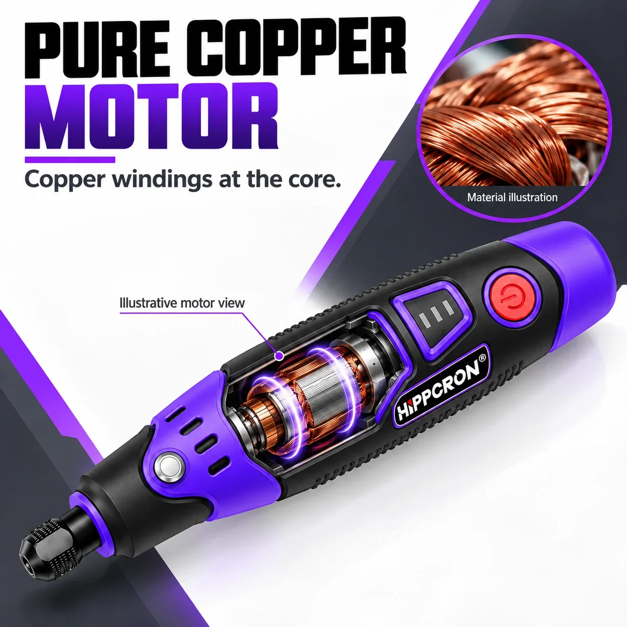 HIPPCRON 3.6V Cordless Mini Rotary Tool 17000RPM 3-Speed Pen Grinder Polisher 900mAh Sanding Engraving Drilling Cleaning Cutting