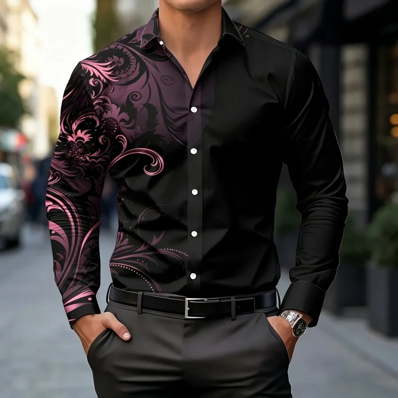 

Men's shirt with contrasting printed shirt, slim fit long sleeved shirt, casual trendy men's clothing, comfortable fabric