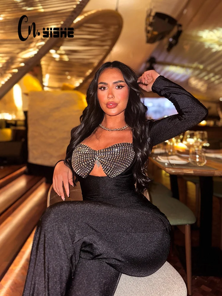 CNYISHE Diamonds Patchwork Hollow Out Women Jumpsuits Long Sleeve V Neck Sheath Fashion Sexy Club Tompers Female Streetwear