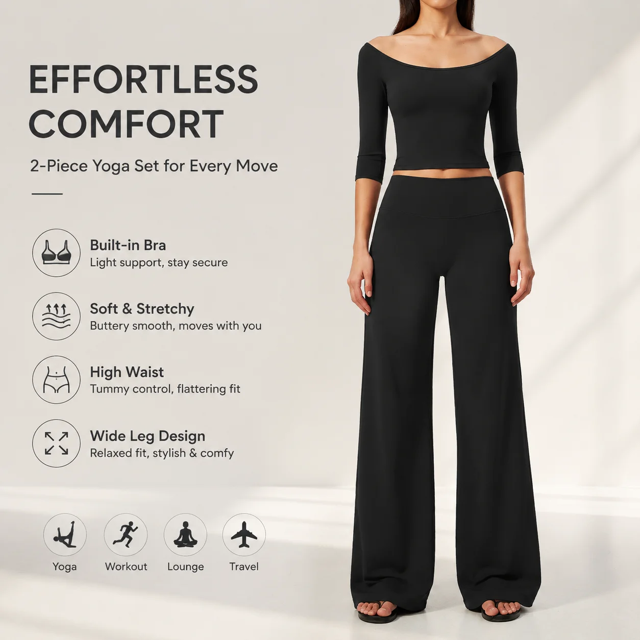 Women's Off-Shoulder 3/4 Sleeve Crop Top and High Waist Wide Leg Yoga Pants Set 2-Piece Workout Outfit with Built-in Bra for Lou