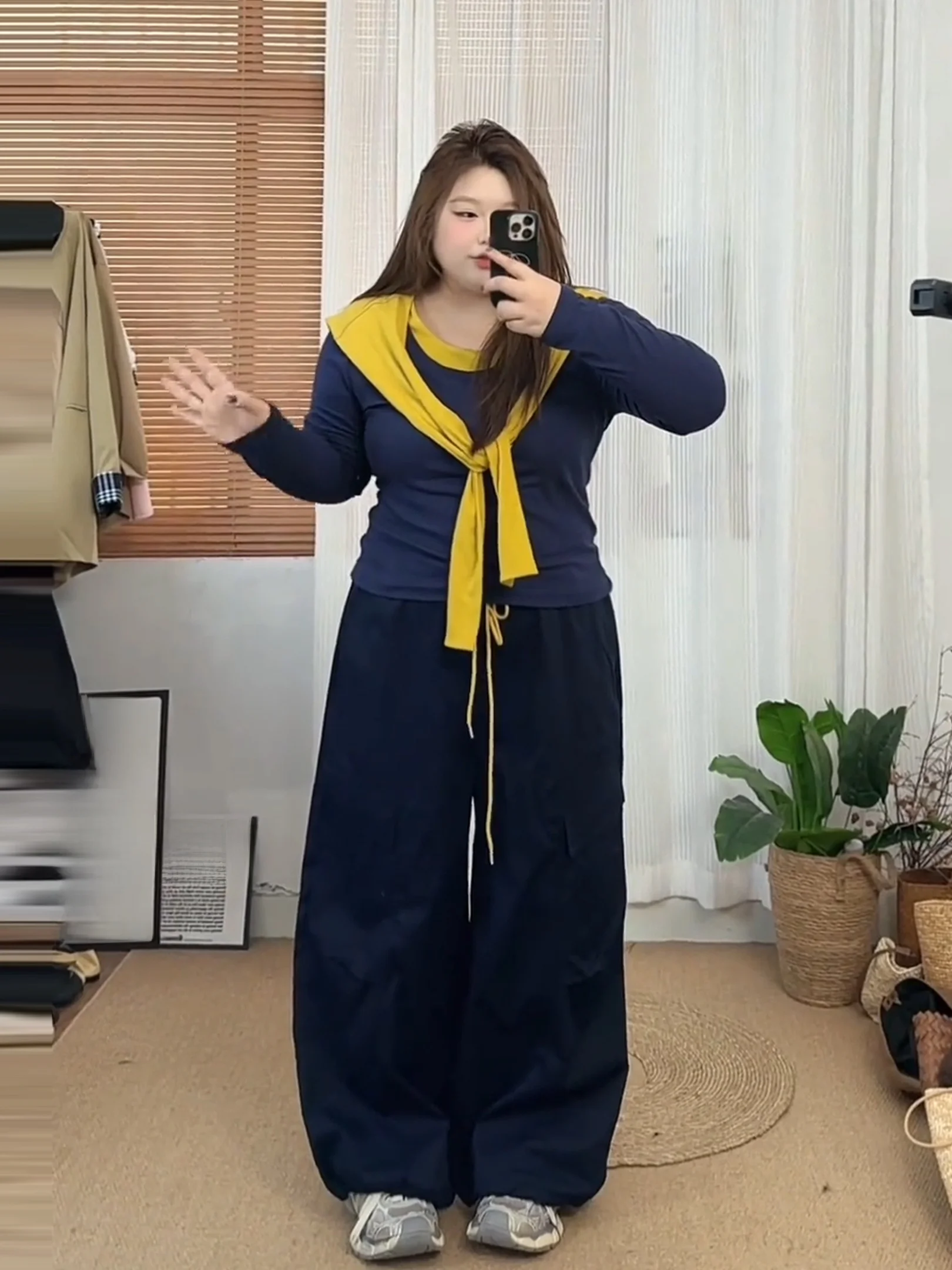 

Cool Contrast Color Long Sve T-irt And Work Pants Two Piece Set for Women plus Size Faionable Casual Wear Spring Autumn