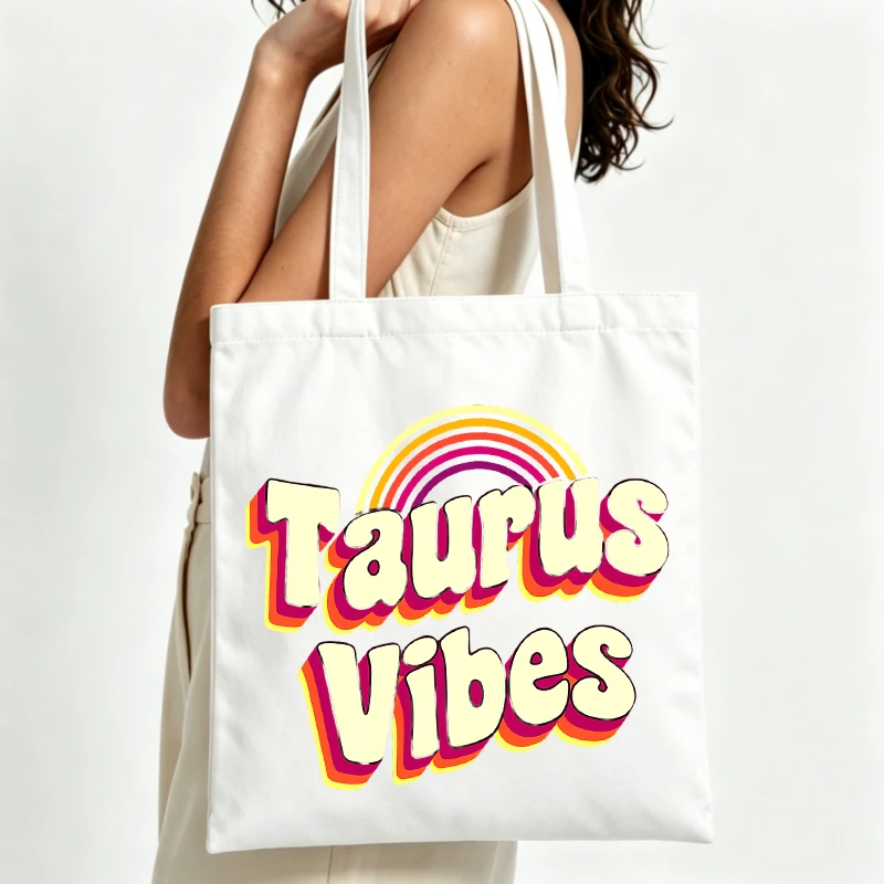 Women's rainbow and typography print canvas tote bag, retro style for daily shopping and casual outings