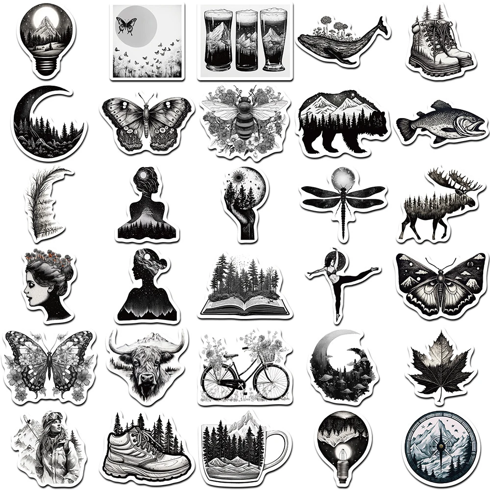 10/30/60 Stuks Zwart Wit Outdoor Landschap Cartoon Stickers Esthetische Graffiti Auto Motorfiets Bagage Waterdichte Sticker Kind Speelgoed