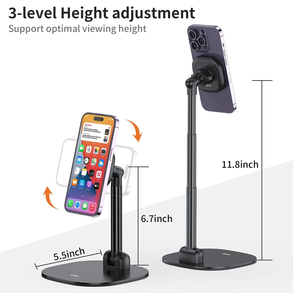 2025 VRIG Magnetic Desk Phone Stand 360 Rotation Height & Angle Adjustable Phone Holder for MagSafe iPhone 15 14 13 12 Samsung