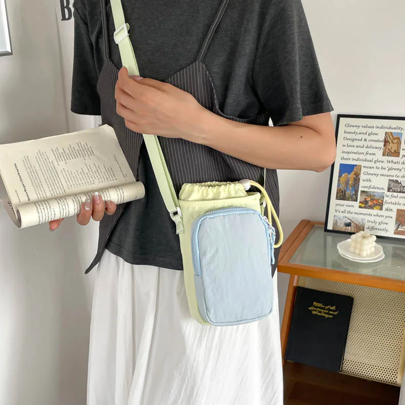 Women's Casual Pastel Color-Block Nylon Sling Bag with Drawstring Top and Adjustable Strap Mini Crossbody Pouch for Daily Use