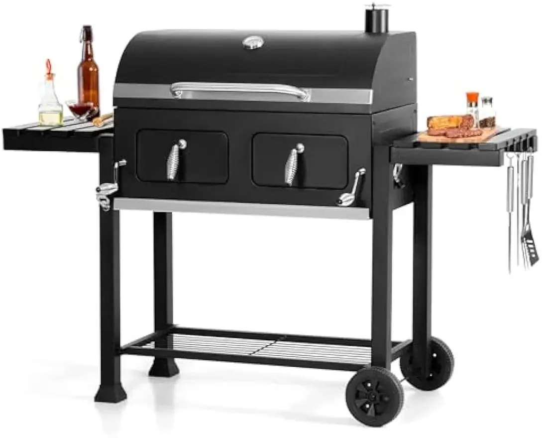 Barrel Charcoal Grill with Side Tables, 794 Square Inches Cooking Space, Large Charcoal BBQ Grill with 2 Height-Adjustable