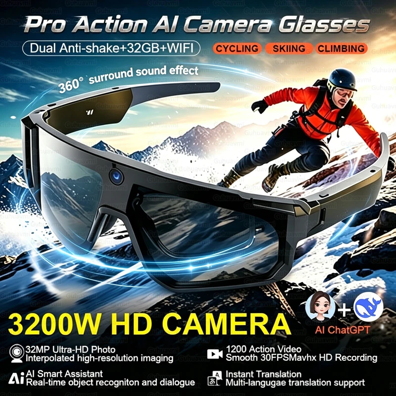 

2026 New 8MP Camera Cycling Smart Glasses 1200P Video Record Dual Chip AI Translator BT Call GPT Sports Eyewear for Men Women