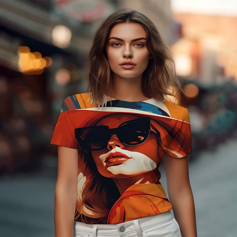 Summer new lady T -shirt sunglasses beauty 3D printed lady T -shirt casual lady T -shirt fashion trend loose lady T -shirt