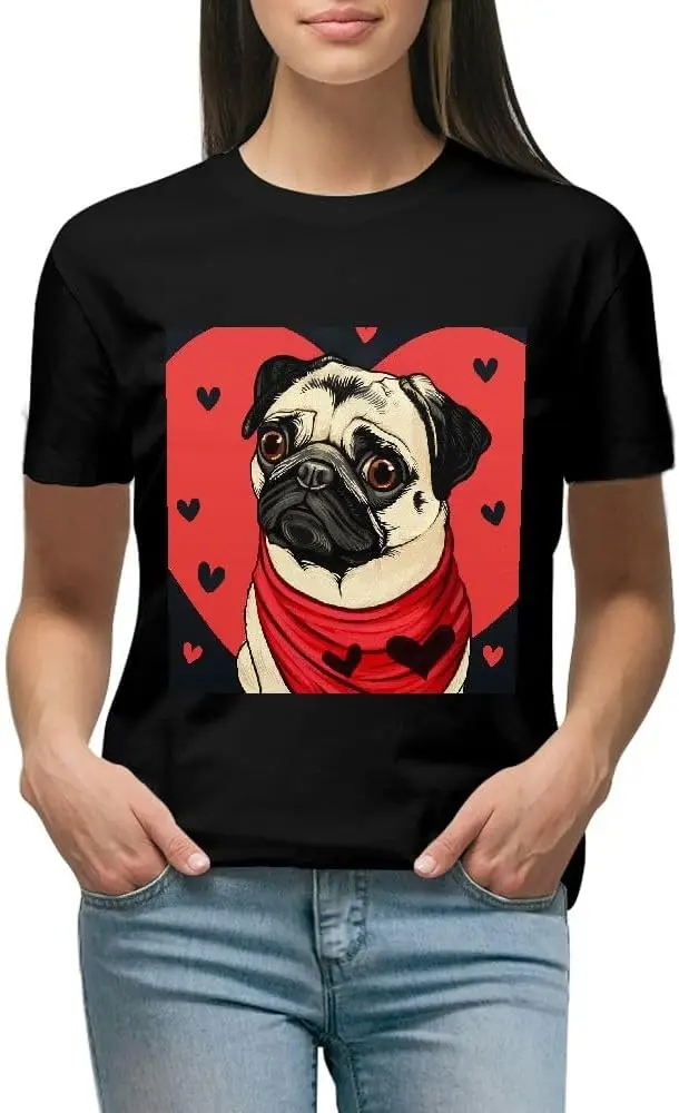 

t Shirt Women Pug t-Shirt Summer Tops Cute Fashion Prints upsized Novelty Funny Women's Round Neck Short Sleeved T-Shirt Black