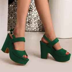 2025 Women Chunky High Heels Gladiator Sandals Summer Open Toe Solid Flock Ladies Casual Shoes Woman Buckle Strap Pumps Platform