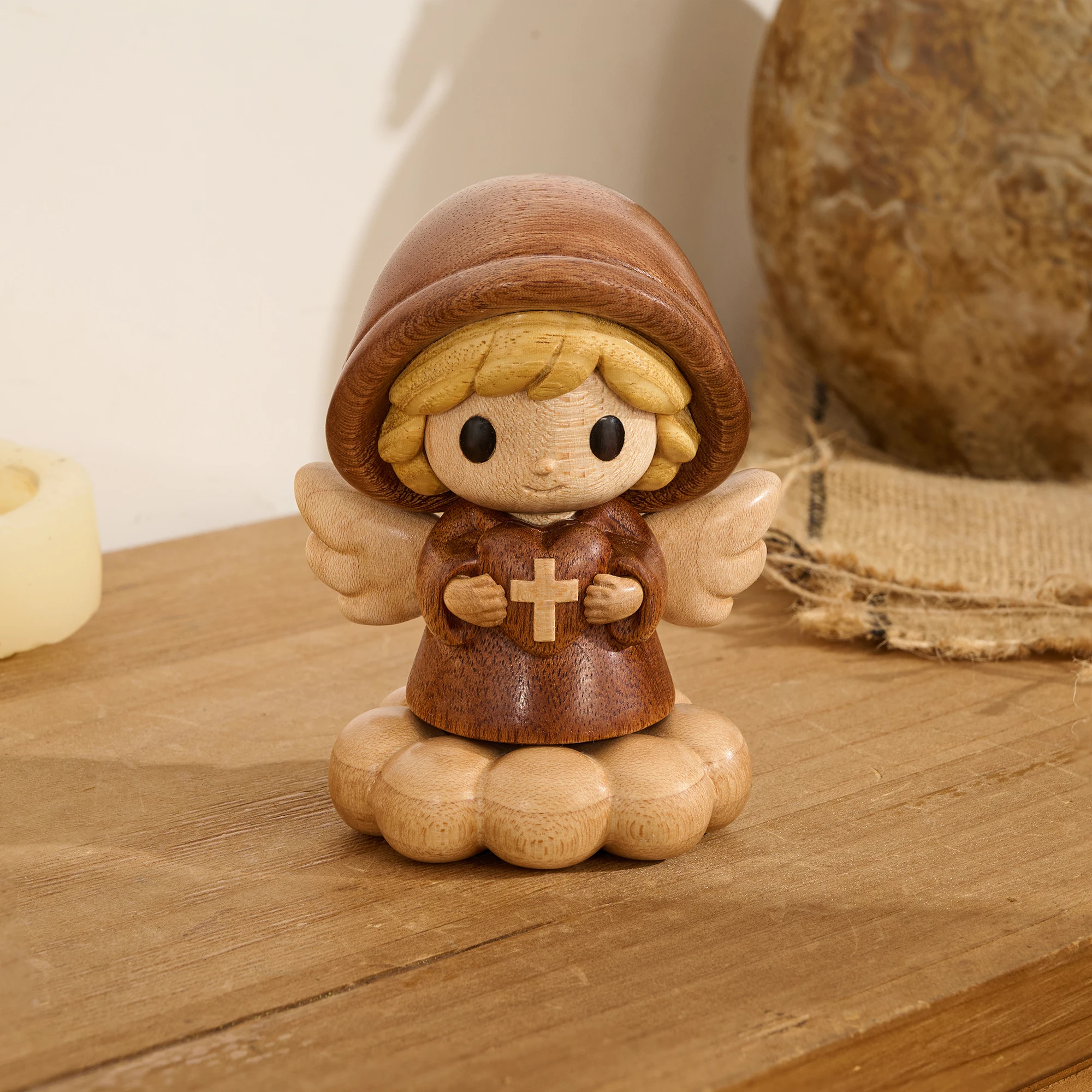 Handcrafted Multi‑Wood Cute Angel Statue Kawaii Guardian Angel Holding Sacred Heart Cross Cloud Base Figurine Religious Home Tab