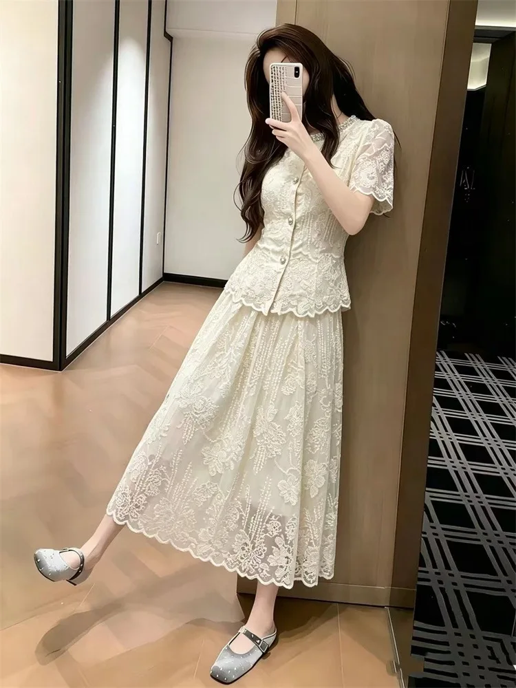 French Sweet Blue Embroidery Lace 2-piece Set Women Short Sleeve Pearl Neckline Top High-waisted A-line Midi Skirt Elegant Suit