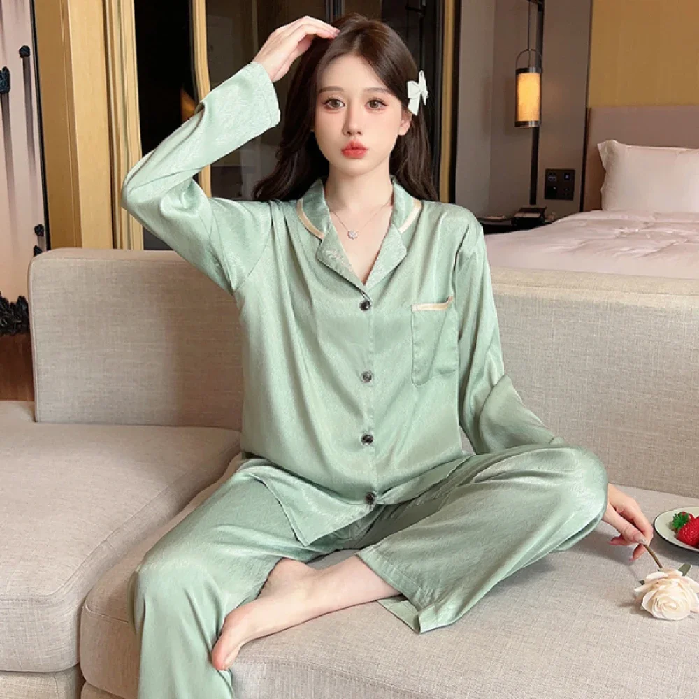 2024 Spring/autumn Jacquard Ice Silk Women's Pajamas Two Pieces Sets Long Sleeve Pants Sleepwear Classic Elegant Female Homewear