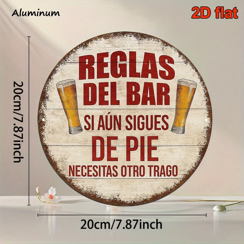 2D Flat, 1pc Spanish Bar Rules Beer-Themed Aluminum Sign -Round Vintage Pub Decor with Spanish & English Drinking Game