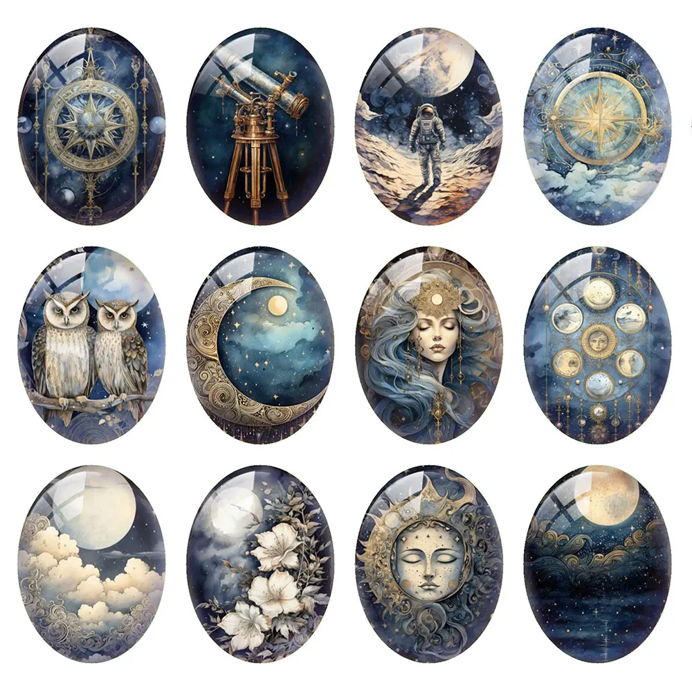 Random Mixed Round/Oval/Square Celestial Moon Vintage Astrology Photo Glass Cabochon Flatback Demo Cameo For Diy Jewelry Making