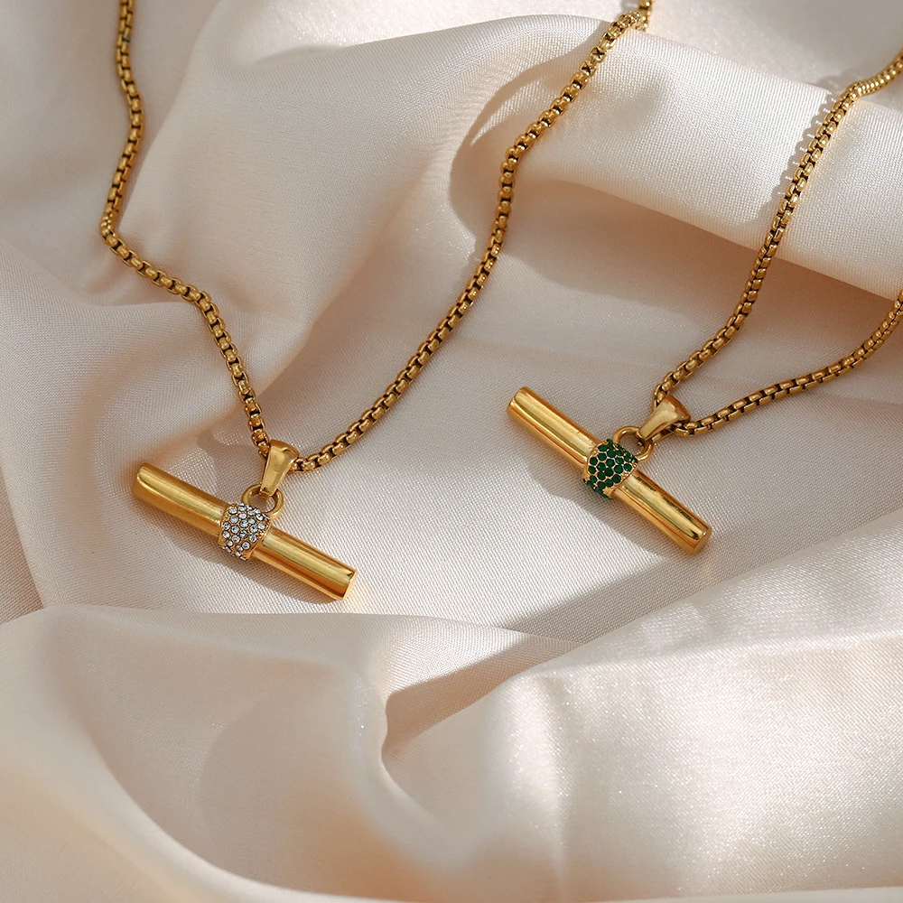 MamacitaSlay Bohemian 316L Stainless Steel CZ Pendant T Bar Necklace 18K Gold Plated Waterproof Minimalist Jewelry For Women Men