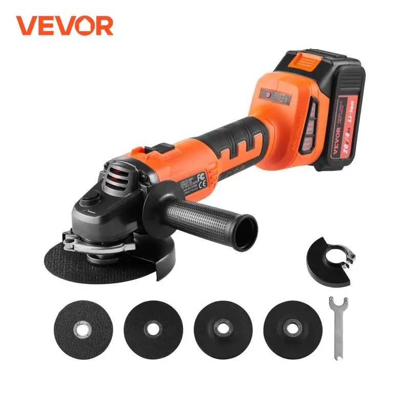 VEVOR Amoladora Angular sin Cable de 115 mm Motor sin Escobillas de 9000 rpm 3 Velocidades Variables con Batería de 4,0 Ah 20 V Cargador Rápido Amoladora Eléctrica para Cortar, Pulir, Eliminar Óxido