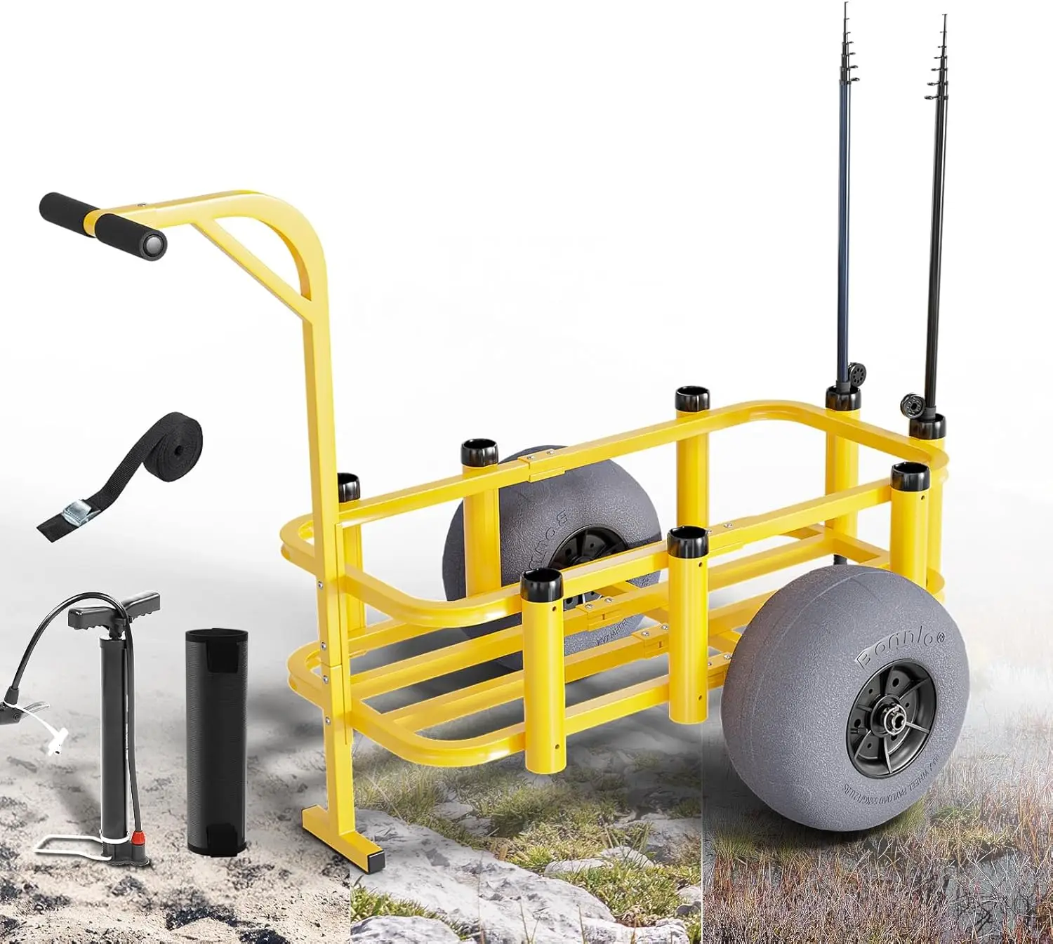 

Fishing Cart, Beach Wagon with 13" Big Wheels, Beach Cart, 300 lbs Load Capacity, 8 Fishing Rods Holders, Mesh Bag, Hand Pump