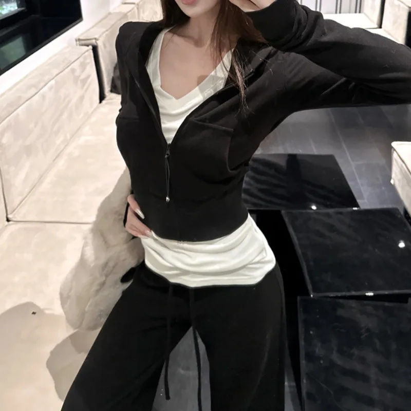 American Sle Hot Girl Violet Gaine à la taille à capuche Cardigan ouvert Sweat-shirt Femme Automne Hiver Dstring Taille haute Swe...