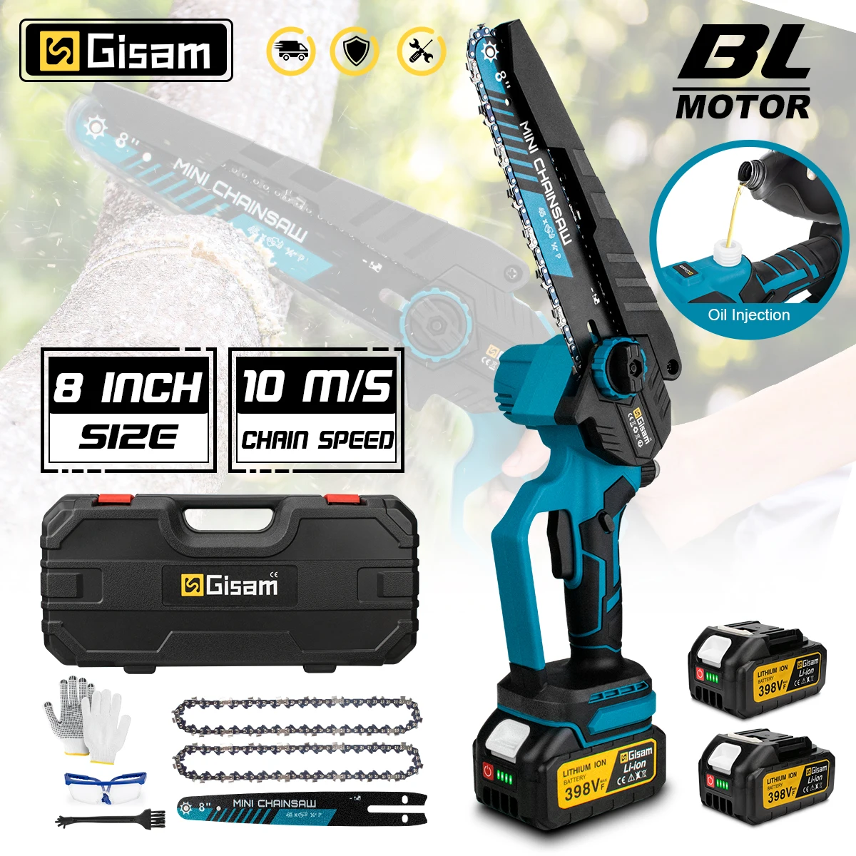 Gisam 8 Inch Brushless Electric Saw Cordless Handheld Garden Wood Logging Pruning Chainsaw Power Tools for Makita 18V Battery