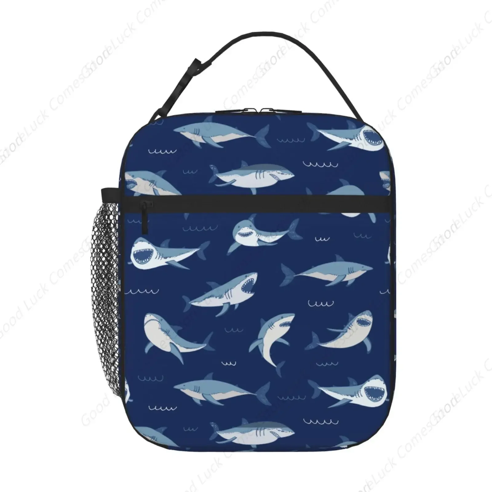 Shark Dark Blue Insulated Lunch Bag,Kids Lunch Box For Girls Boys Teen,Kid Lunch Box Containers Cooler Bag With Front Pocket