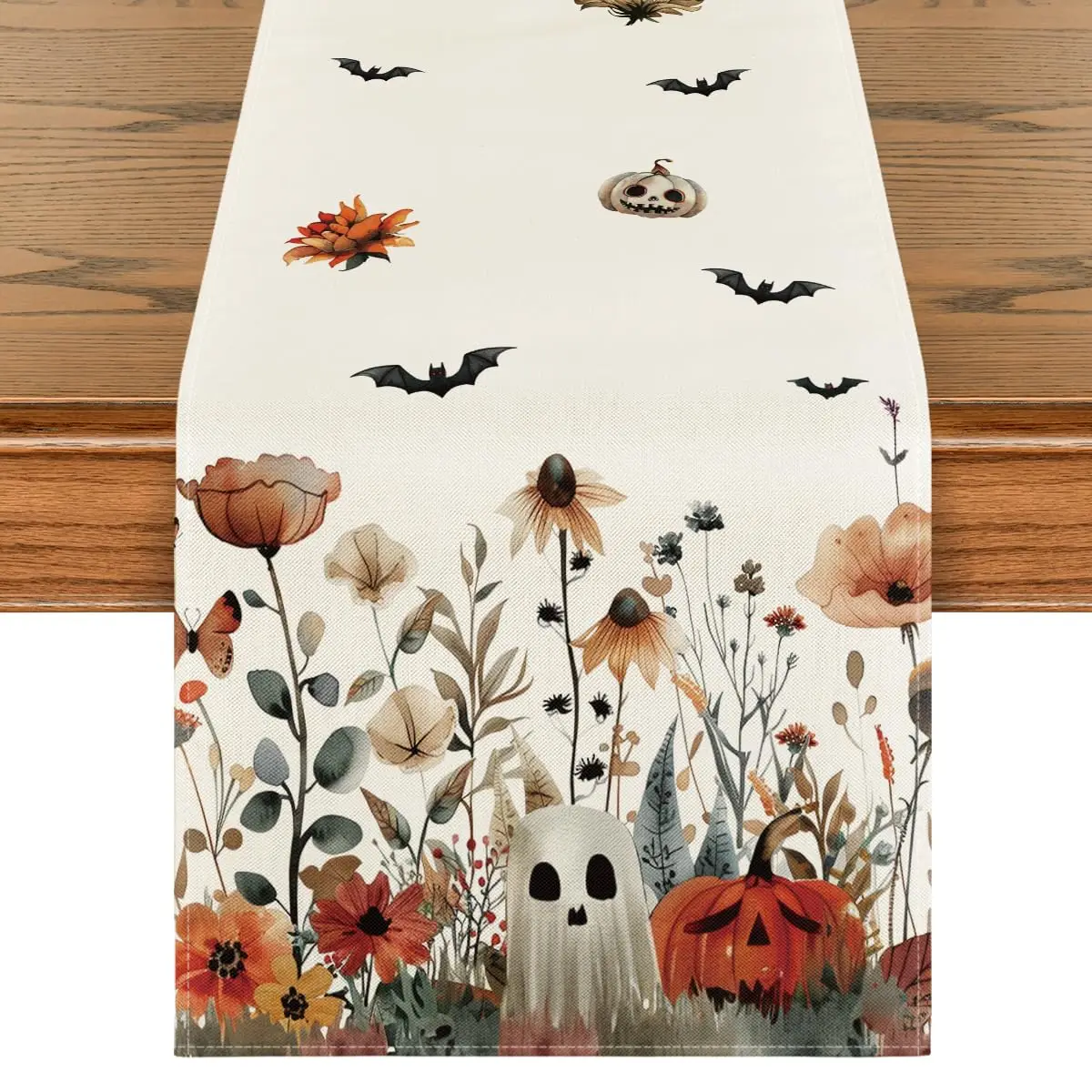 

Wild Flowers and Weeds Ghost Halloween Table Runner, Spooky Kitchen Dining Table Decoration for Home Party Decor