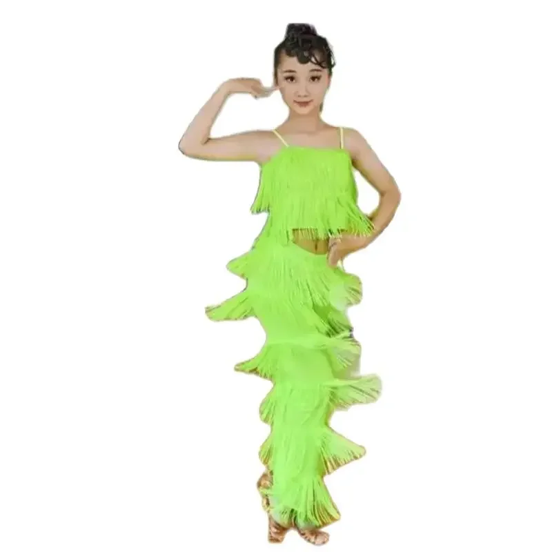 solid  Fringe latin dancing Costume Latin Dance set Ballroom Plus Size Fringe Tassel Pants and top