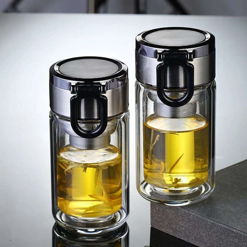 

Двухслойная чашка для чая из боросиликатного стекла с фильтром, изолированная крышка из нержавеющей стали, бутылка для воды, стеклянный чайник для заваривания чая, подарок