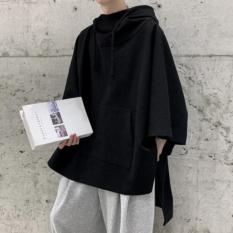 Vintage Y2K Style Loose Hoodies Men Capes Fashion Streetwear Oversize Mens Half Sleeve Hooded Cloaks For Mens Bat Sleeve Hoodie