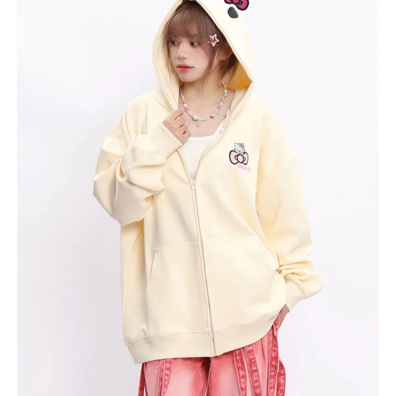 Sanrio American Cute Cartoon HelloKitty Hooded Sweater Fall and Winter Models Loose Temperament Versatile Blouse Jacket