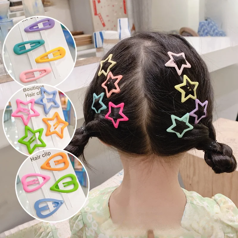 8 Pcs Children Cute Colors Geometric Stars Heart Ornament Hair Clips Girls Lovely Sweet Hairpins Kid Hair Accessories