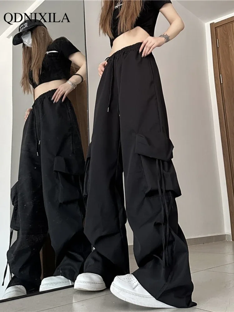 

2024 Summer Women's Pants Wide Leg Casual Vintage Cargo Pants Elastic Waist Drawstring Baggy Straight Korean Fashion Woman Pants