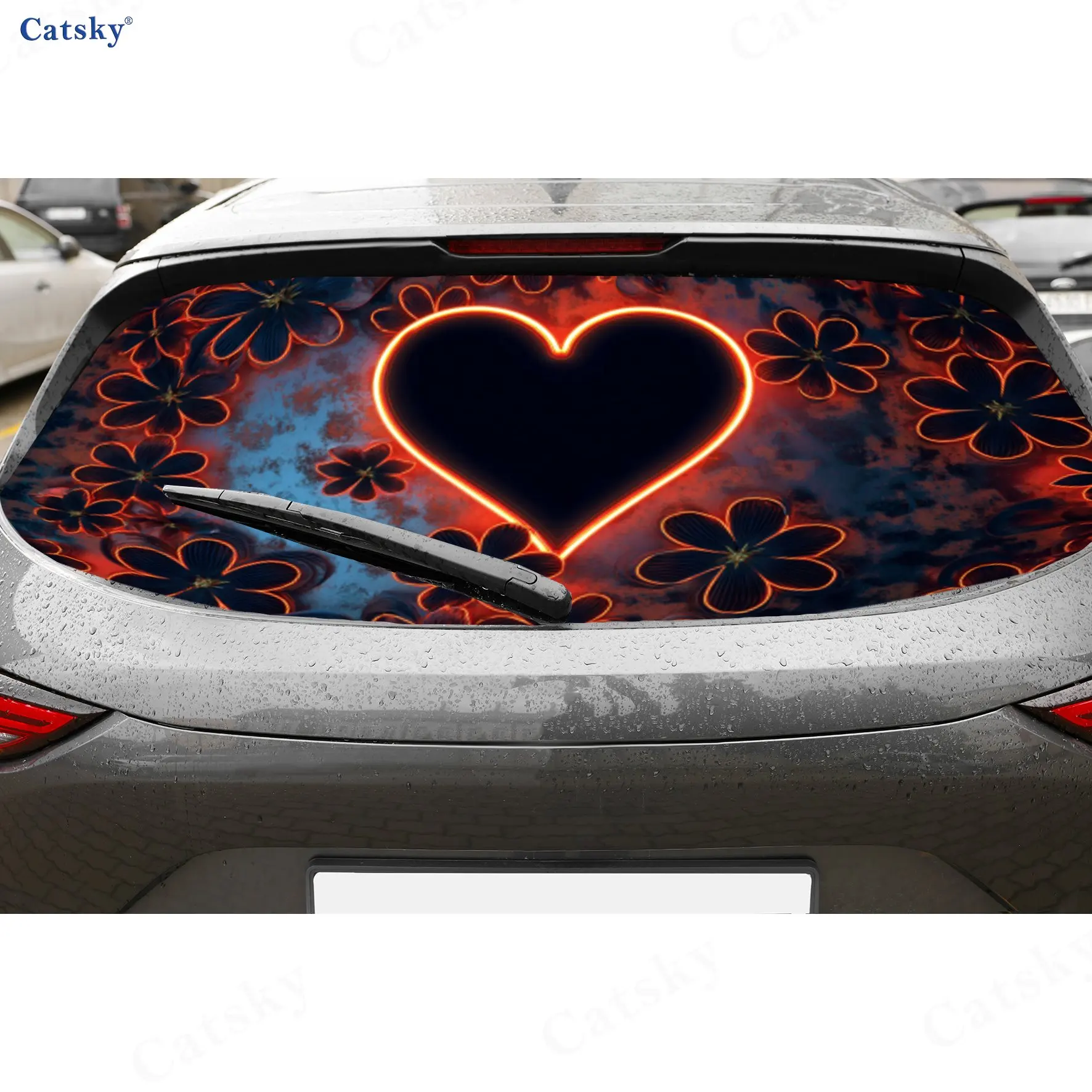 Vintage Grunge Neon Heart PVC Perforated Car Vinyl Wraps, Durable Car Rear Windshield Sticker, Waterproof Car Rear Window Decal