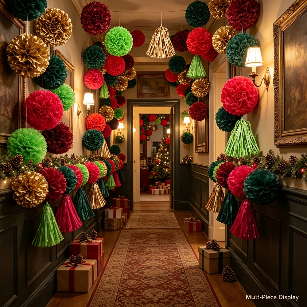 22Pcs Red Green Gold Paper Pom Poms Streamers Christmas Party Decor Supplies
