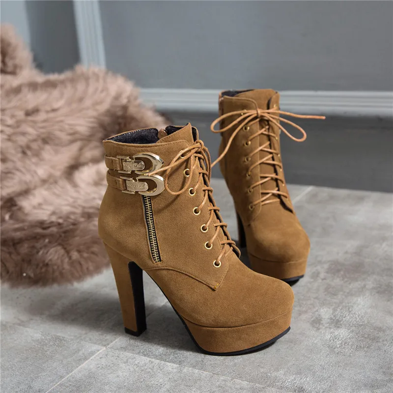 Women High Heel Ankle Boots Platform High Heels Shoes Fashion Round Toe Buckle Fall Winter Suede Women Short Black Size 34-48