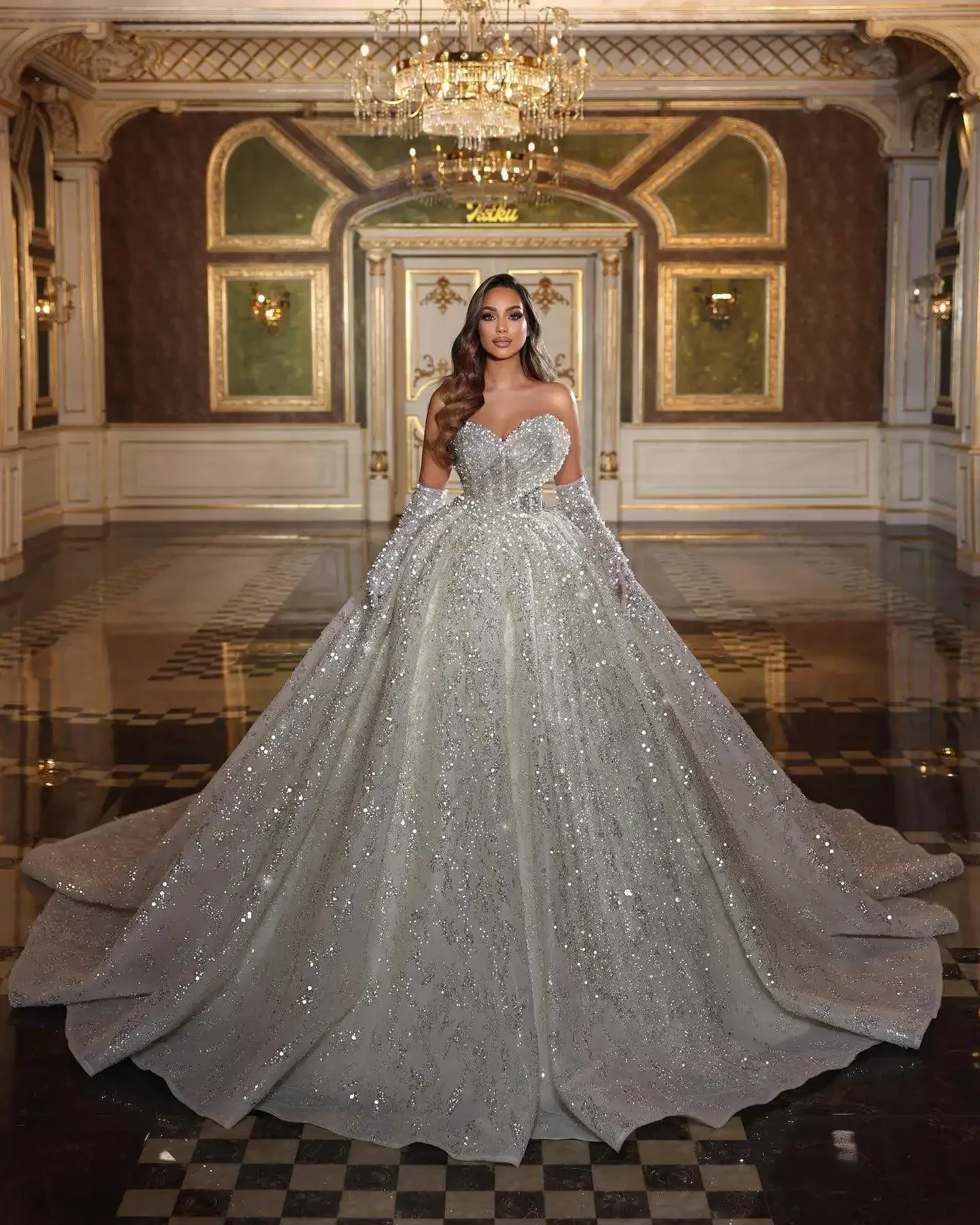 

Customized Luxury Sweetheart Neck Bridal Dress Sparkly Sequins Pearl Wedding Dresses Ball Gown Bride Robe Vestido De Novia