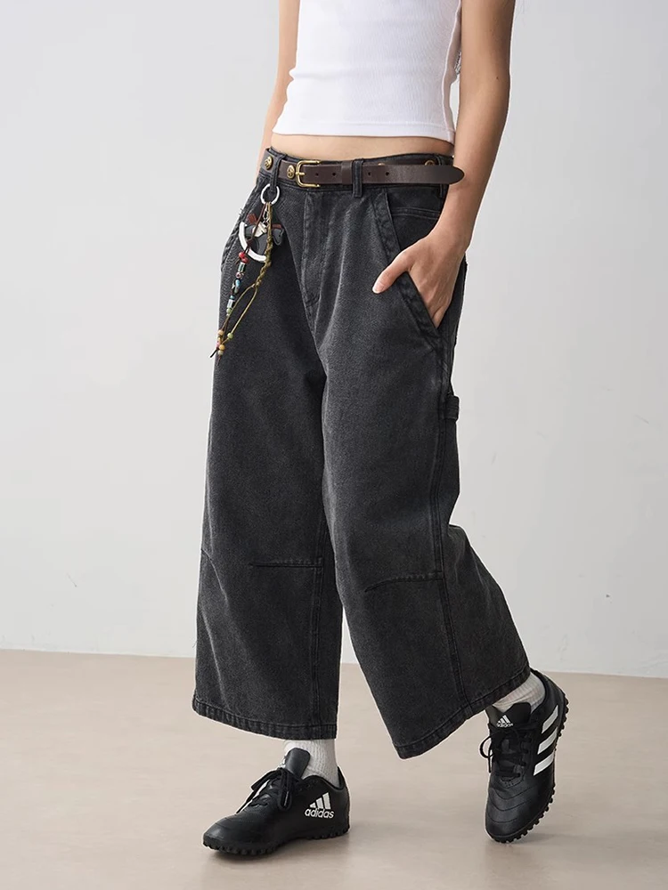 REDDACHiC Vintage Black Cropped Wide Leg Jeans Women Petite Street Cleanfit Solid Casual Pintuck Baggy Cargo Pants Acubi Fashion