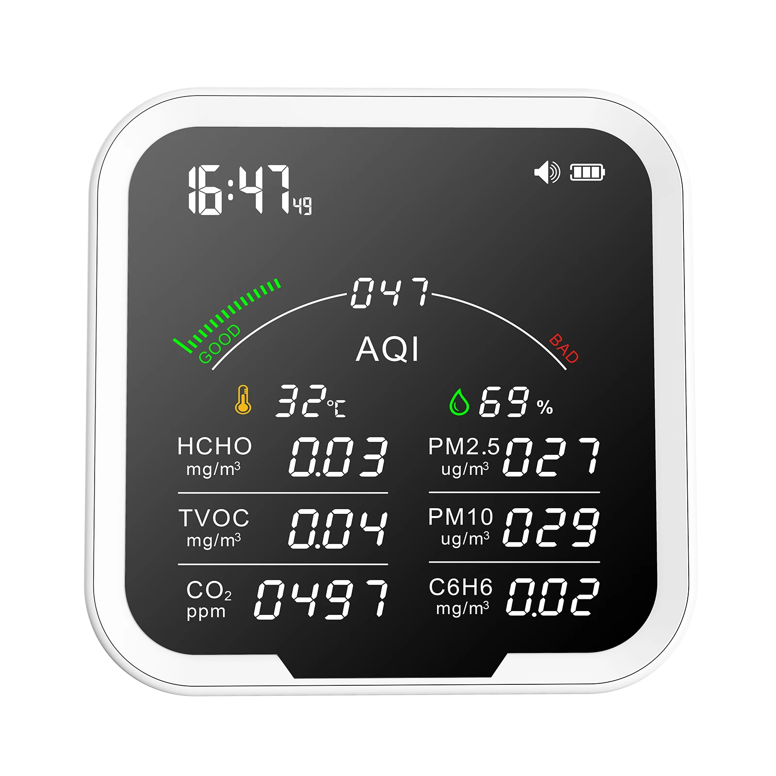 Protmex Hcho Detector C6h6 Tvoc Pm2.5 Pm10 Co2 Monitor Termômetro Higrômetro Relógio Digital Alarme Medidor de Dióxido de Carbono Pth 9b