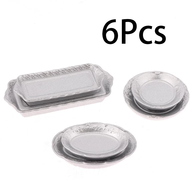 6Pcs 1/12 Dollhouse Silver Dinner Plate Food Tray Model Dollhouse Kitchen Tableware Decoration Toy Dolls House Accessories
