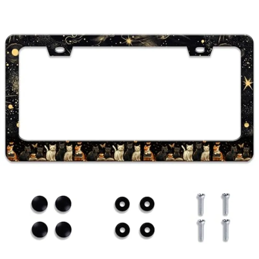

Personalized License Plate Frame Cat Stainless Steel Accessory Starry Sky Night License Plate Holder Funny Car Decorative 2 Hol