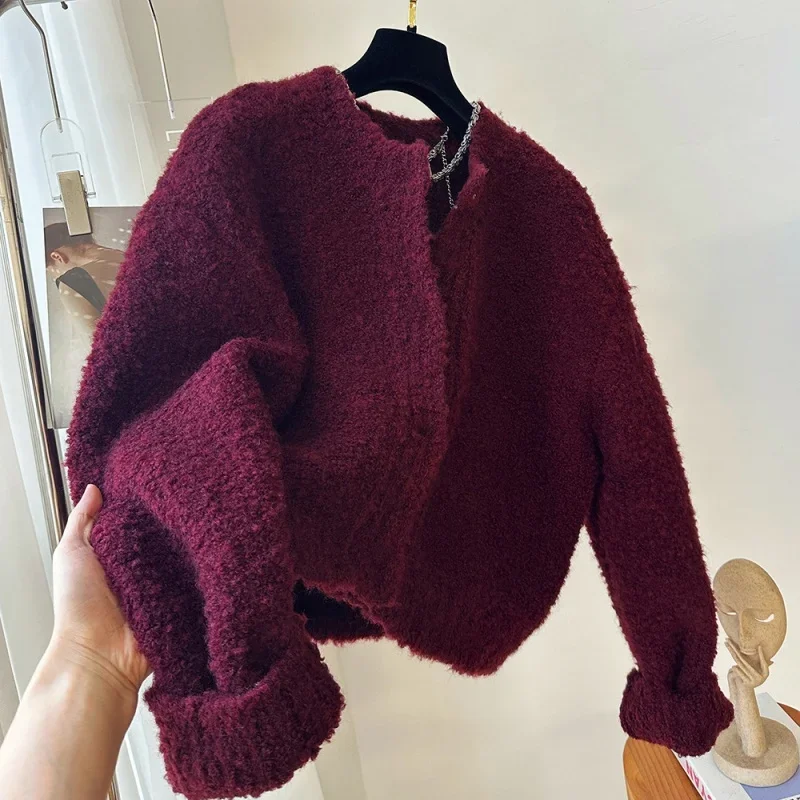 

Корейский модный кашемировый кардиган на пуговицах винно-красного цвета, женский осенне-зимний новый мягкий свободный короткий джемпер, свитер Y2k, одежда