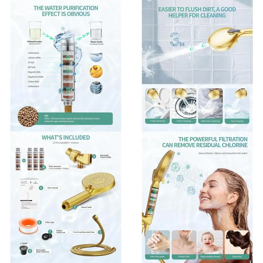 

High-Pressure Handheld Shower Head with 9-Mode Spray, Detachable Filter for Hard Water, Removes Chlorine, 4 Filters Included, Br