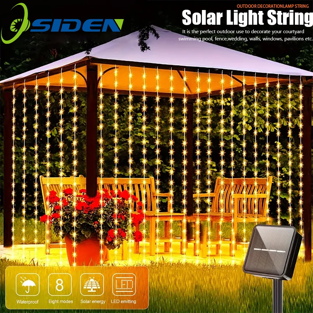 3x3M 300Leds Solar Curtain String Lights Outdoor Waterproof Garden Decoration Fairy Garland 8 Lighting Modes Christmas Lighting