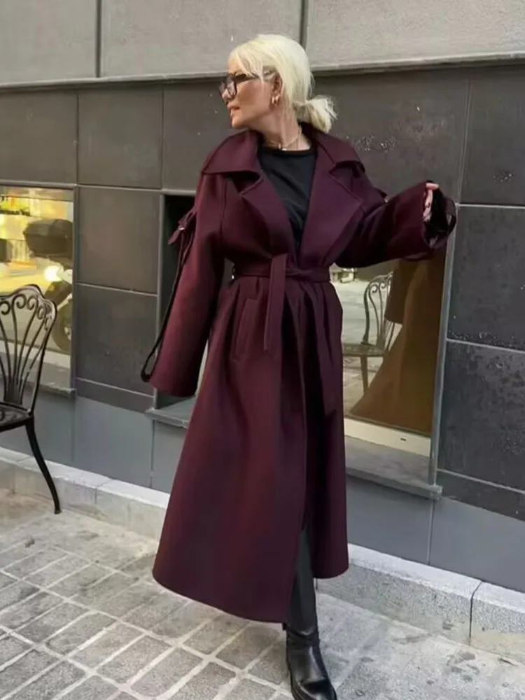 HH معاطف الشتاء النسائية موضة حزام جيب مزدوجة الصدر الديكور سترة واقية طويلة الإناث ملابس خارجية فضفاضة غير رسمية