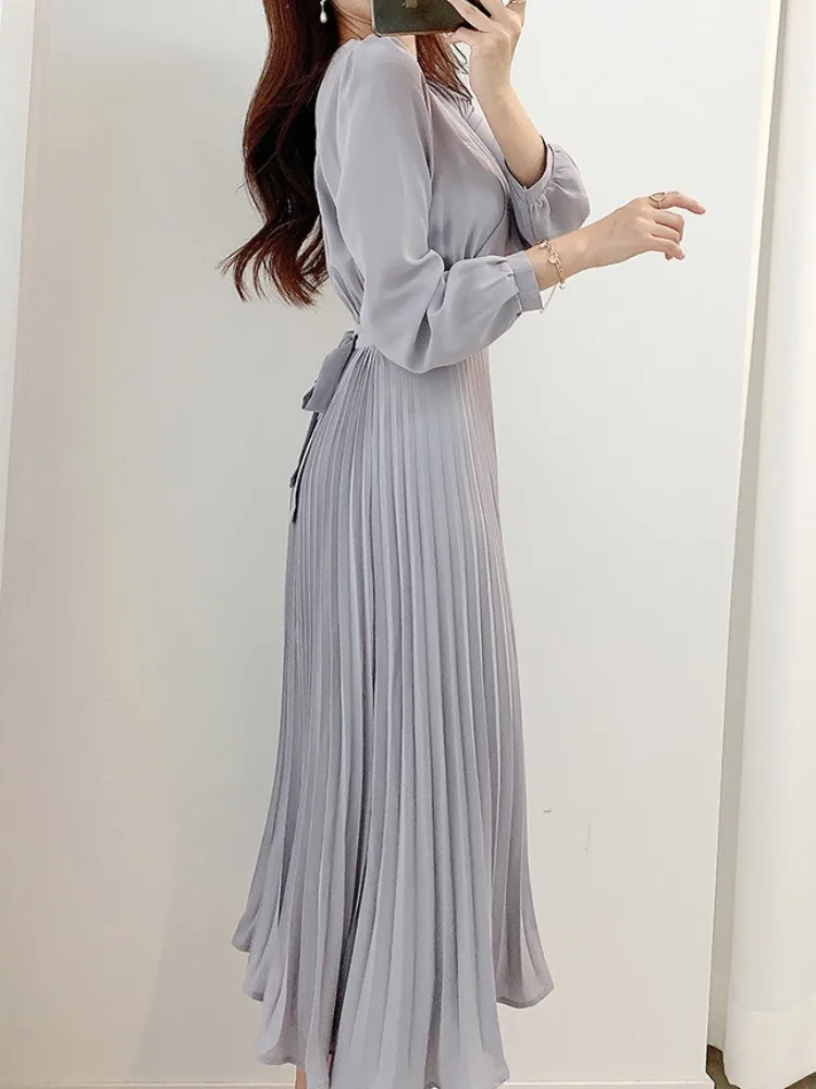 Ele Autumn Long Sve Dr Women's Soft V-Ne Waist Cinched Pleated Design Draped Dr Commute Sle Spring Autumn Wi...